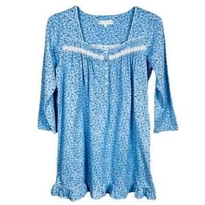 Eileen West Nightgown Size Medium Blue Short Floral Flannel Cottagecore Prairie